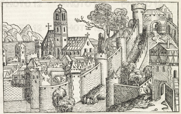 View of Themiscyra, Liber Chronicarum, print, album page, book illustration, A view of a city. Here possibly used as an image of Themiscyra, capital of the Amazons., printmaker: workshop of Michel Wolgemut, Nuremberg, printmaker: workshop of Wilhelm Pleydenwurff, 1493, Bavaria, paper, letterpress printing, woodcut, pastes, woodcut pasted onto album page, verso with text in letterpress, height 140 mm x width 223 mm, The woodcut is used as a book illustration in the Liber Chronicarum (or Nuremberg Chronicle) by Hartmann Schedel, published in Latin and German in 1493. See the Latin edition, folio 20r., city-view, and landscape with man-made constructions, A detailed black and white woodcut-style cityscape showing a fortified town with tall stone walls and round and rectangular towers, rooftops with steep gables and tiled patterns, and a prominent church with a tall bell tower and a pitched roof topped by crosses. Trees with rounded, textured foliage rise behind the walls, and winding path...
