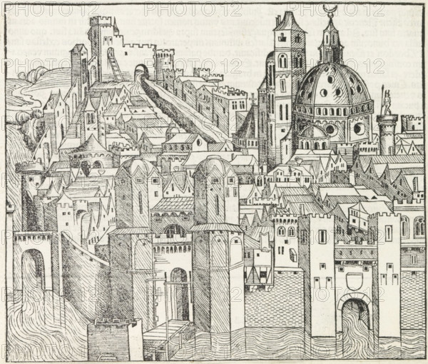 View of a city, Liber Chronicarum, print, album page, book illustration, A view of a city., printmaker: workshop of Michel Wolgemut, Nuremberg, printmaker: workshop of Wilhelm Pleydenwurff, 1493, Bavaria, paper, letterpress printing, woodcut, pastes, woodcut pasted onto album page, verso with text in letterpress, height 190 mm x width 225 mm, The woodcut is repeatedly used as a book illustration in the Liber Chronicarum (or Nuremberg Chronicle) by Hartmann Schedel, published in Latin and German in 1493. See the Latin edition, folio 23r, 44v, 61r, 110v and 194v., city-view, and landscape with man-made constructions, A detailed black and white line drawing of a densely built fortified city with many towers, domes, and battlements seen from above, showing walls and gates along a flowing river, narrow clustered roofs and chimneys, arched bridges and gatehouses, a large domed building with circular openings and a tall multi-story tower beside it, slender spires and a column topped by a huma...