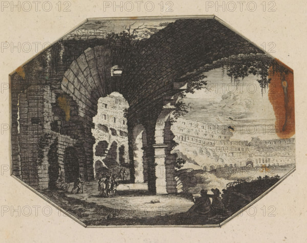 Interior of the Colosseum in Rome, print, album page, Octagonal print with the interior of the Colosseum in Rome., France, 1600 - 1699, printmaker, paper, etching, paste, etching pasted on album page, height 102 mm, width 137 mm, ruin of a building, architecture, landscape with ruins, city-view, and landscape with man-made constructions, theatre (building) - AA - open-air performances, Rome, Colosseum, An octagonal etching shows a large arched stone structure with ribbed vaulting and textured brickwork, opening onto ruins of tiered walls with arches and windows. Small groups of figures stand and walk beneath the arches, some clustered near the foreground and others farther back. Two seated figures appear in silhouette at the lower right, facing the ruin. Vegetation including overhanging foliage and small trees clings to parts of the structure, and the sky visible through the arches is lined with fine horizontal shading. The image has areas of brownish staining and aged paper texture ar...