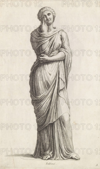 Sculpture of Sabina, Sabina, print, album page, Series number, 1, 12, Classical sculpture of a young woman in a stole with her left arm around her waist and her right hand at her eye. Bottom right: A., with a series of prints after the sculptures in the collection of Gerard Reynst., number: '34', printmaker: Hubert Quellinus, Antwerp, printmaker: Gerard de Lairesse, 1646 - 1670, paper, engraving, gravure, height 325 mm x width 202 mm, piece of sculpture, reproduction of a piece of sculpture, A tall, full-body engraving of a standing female figure draped in layered robes, with one arm crossed at the waist and the other hand touching her cheek, visible coiled hair, a serene facial expression, detailed folds and shading in the fabric, bare feet peeking from beneath the hem, a plain textured background, and a small printed word centered below the figure.