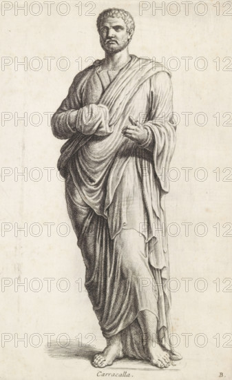Sculpture of Emperor Caracalla, Carracalla, print, album page, Series number, 2, 12, Classical sculpture of a man in a toga. The index finger is missing from his left hand. Bottom right: B., with a series of prints after the sculptures in the collection of Gerard Reynst., number: '34', inscription: 'Vide lib. No. 19 fol. 22', printmaker: Hubert Quellinus, Antwerp, printmaker: Gerard de Lairesse, 1646 - 1670, paper, engraving, gravure, height 320 mm x width 201 mm, Person, Caracalla (Emperor of the Roman Empire), piece of sculpture, reproduction of a piece of sculpture, A detailed monochrome drawing of a standing male figure draped in layered flowing robes, shown from head to feet, with curly hair and a short beard, a serious facial expression, one arm bent and holding a fold of fabric while the other hand is extended with fingers slightly apart, visible bare feet positioned on a shaded ground, intricate crosshatching and line work creating folds and shadows in the clothing and shading ...