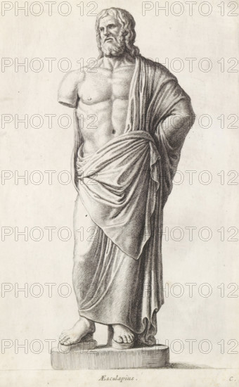 Aesculapius, Sculpture of Asklepios, print, album page, Series number 3, 12, Classical sculpture of a bearded man. The right arm of the sculpture is missing. His left hand is on his hip. Bottom right: C., with a series of prints after the sculptures in the collection of Gerard Reynst., number: '35', inscription: 'Vide lib. No. 10 fol. 63 et lib. No. 4 fol. 105 et 106', printmaker: Hubert Quellinus, Antwerp, printmaker: Gerard de Lairesse, 1646 - 1670, paper, engraving, height 325 mm x width 201 mm, piece of sculpture, reproduction of a piece of sculpture, (story of) Aesculapius (Asclepius), A monochrome drawing of a standing male statue shown from head to feet, featuring a bearded face with wavy hair, a muscular bare torso with one arm missing at the shoulder, and a draped cloth wrapped around the lower body and over one shoulder, creating detailed folds; the figure stands on a rectangular plinth with both feet visible, one foot slightly forward, and the overall image has a plain light...