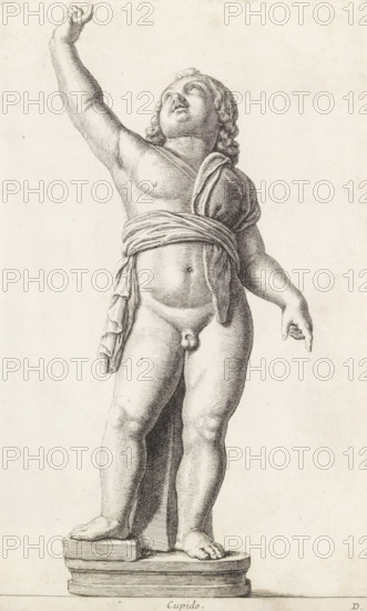Sculpture of Amor, Cupid, print, album page, Series number, 4, 12, Classical sculpture of a boy with curly hair and a cloth tied around his waist. He is looking upwards and has his right hand in the air. Bottom right: D., with a series of prints after the sculptures in the collection of Gerard Reynst., inscription: 'Vide lib. No. 4 ... fol. 22 ... ad fol. 283 et ....', number: '35', printmaker: Hubert Quellinus, Antwerp, printmaker: Gerard de Lairesse, 1646 - 1670, paper, engraving, height 325 mm x width 200 mm, piece of sculpture, reproduction of a piece of sculpture, (story of) Cupid, Amor (Eros), A monochrome engraving of a nude childlike figure standing on a plinth with one arm raised and the other arm lowered, the raised hand reaching upward with fingers slightly curled and the lowered hand pointing outward, the figure gazing upward with curly hair framing the face, a draped cloth wrapped around the torso and knotted at the waist with folds hanging at the side, detailed shading an...