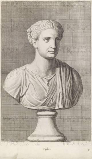 Vesta, Bust of the goddess Vesta, print, album page, Series number, 5, 12, Classical bust of a woman in a tunic. Bottom right: E., with a series of prints after the sculptures in the collection of Gerard Reynst., number: '36', printmaker: Hubert Quellinus, Antwerp, printmaker: Gerard de Lairesse, 1646 - 1670, paper, engraving, height 328 mm x width 196 mm, piece of sculpture, reproduction of a piece of sculpture, (story of) Vesta (Hestia), A monochrome engraving of a classical stone bust on a fluted pedestal set against a grid-like textured background, showing a head and shoulders of a person with short, wavy hair pulled back, a smooth forehead, straight nose, and closed lips with a neutral expression; the figure wears a draped garment fastened at one shoulder with a round clasp and detailed folds of fabric across the chest, and the bust rests on a rounded base with subtle shading and carved edges.