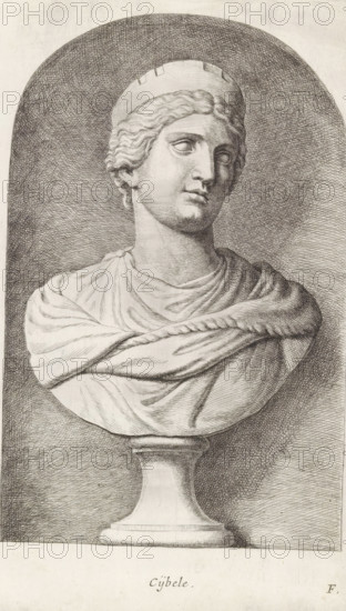 Bust of the goddess Cybele, Cijbele, print, album page, Series number, 6, 12, Classical bust of a woman with mural crown. Bottom right: F., with a series of prints after the sculptures in the collection of Gerard Reynst., number: '36', printmaker: Hubert Quellinus, Antwerp, printmaker: Gerard de Lairesse, 1646 - 1670, paper, engraving, height 325 mm x width 194 mm, piece of sculpture, reproduction of a piece of sculpture, (story of) Cybele, Rhea Cybele, Great Mother of the Gods (Berecynt(h)ia), A monochrome engraved bust of a person shown from the chest up, wearing a draped garment gathered at one shoulder and wrapped across the chest, with a smooth, rounded pedestal base beneath; the figure has wavy hair pulled back under a simple, band-like headdress, a calm facial expression with eyes looking slightly to one side, and finely hatched shading creating contours and depth against a dark, crosshatched oval background.