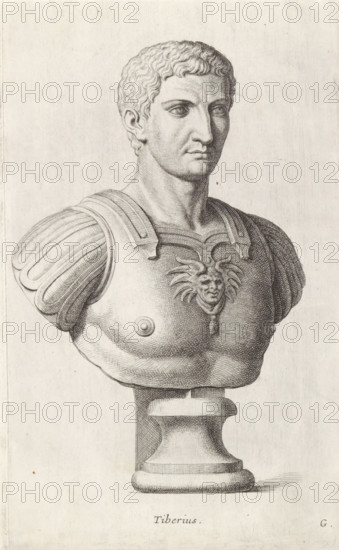 Tiberius, Bust of Emperor Tiberius, print, album page, Series number, 7, 12, Bust of a young man with breastplate. Bottom right: G., with a series of prints after the sculptures in the collection of Gerard Reynst., number: '37', inscription: 'Vide lib. No. 19 fol. 3', printmaker: Hubert Quellinus, Antwerp, printmaker: Gerard de Lairesse, 1646 - 1670, paper, engraving, gravure, height 325 mm x width 194 mm, Person, piece of sculpture, reproduction of a piece of sculpture, A monochrome engraved bust of a man shown from the chest up on a pedestal, featuring short curly hair, a straight nose, and a neutral expression with eyes looking slightly to the side; he wears a decorated cuirass with rounded embossed shoulder pieces and a central ornamental motif resembling a stylized face with radiating elements, and the pedestal beneath the bust has a rounded, tiered form.