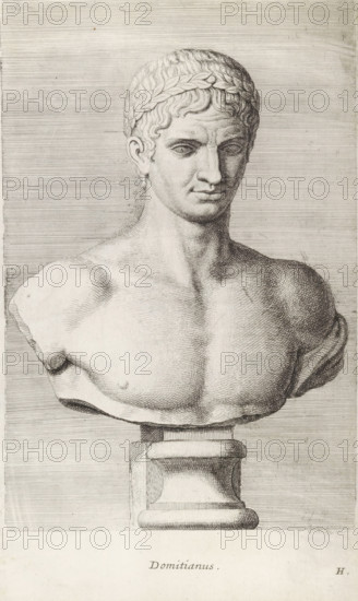 Domitian, Bust of Emperor Domitian, print, album page, Series number, 8, 12, Classical bust of a young man with a bare torso and a laurel wreath around his head. Bottom right: H., with a series of prints after the sculptures in the collection of Gerard Reynst., number: '37', inscription: 'Vide lib. No. 19 fol. 12', printmaker: Hubert Quellinus, Antwerp, printmaker: Gerard de Lairesse, 1646 - 1670, paper, engraving, gravure, height 325 mm x width 194 mm, Person, piece of sculpture, reproduction of a piece of sculpture, A detailed monochrome engraving of a classical marble bust mounted on a square pedestal, showing a male figure from the shoulders up with a laurel wreath on his head and short wavy hair; the face has a neutral expression with defined brows, deep-set eyes, a straight nose, and closed lips, while the neck and upper chest display subtle muscular shading and carved contours, and the background consists of closely spaced horizontal lines.
