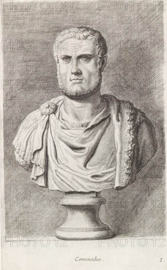 Bust of Emperor Commodus, Commodus, print, album page, Series number, 9, 12, Classical bust of a middle-aged bearded man. Bottom right: I., with a series of prints after the sculptures in the collection of Gerard Reynst., number: '38', inscription: 'Vide lib. No. 2 fol. 18, Vide lib. No. 19 fol. 18 et lib. No 13 fol. 179 sub littera H.`', printmaker: Hubert Quellinus, Antwerp, printmaker: Gerard de Lairesse, 1646 - 1670, paper, engraving, height 325 mm x width 195 mm, Person, piece of sculpture, reproduction of a piece of sculpture, A detailed engraving of a classical male bust on a pedestal, showing a man with short curly hair and a trimmed beard, a solemn facial expression, and prominent eyes; he wears a draped garment fastened at one shoulder with a circular decorative clasp and a patterned border along the other shoulder, with finely hatched shading filling the background and defined lines rendering the folds of the fabric and the rounded base beneath the bust.