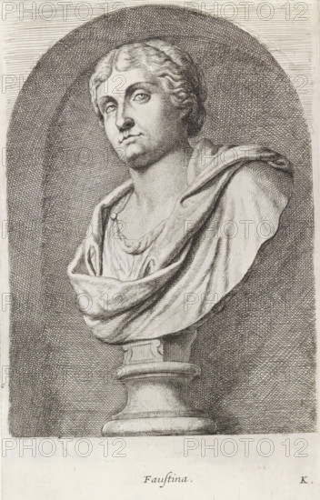 Bust of Faustina the Younger, Faustina, print, album page, Series number, 10, 12, Classical bust of a middle-aged woman, dressed in a tunic and stole. Bottom right: K., with a series of prints after the sculptures in the collection of Gerard Reynst., number: '38', printmaker: Hubert Quellinus, Antwerp, printmaker: Gerard de Lairesse, 1646 - 1670, paper, engraving, gravure, height 325 mm x width 194 mm, Person, Faustina the Younger, piece of sculpture, reproduction of a piece of sculpture, queen, empress, etc. (wife of a ruler), A detailed black and white etching of a classical bust shows a person with wavy hair pulled back and a serene facial expression, eyes looking slightly upward and to the side, a straight nose, and closed lips. The bust is draped in a softly folded garment fastened at one shoulder and gathered across the chest, with textured shading to indicate fabric folds. The sculpture sits on a round pedestal with carved molding, and the background features a textured oval hal...