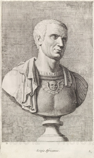 Bust of Scipio Africanus major, Scipio Africanus, print, album page, Series number, 11, 12, Classical bust of a Roman general in breastplate. Bottom right: L., with a series of prints after the sculptures in the collection of Gerard Reynst., number: '39', printmaker: Hubert Quellinus, Antwerp, printmaker: Gerard de Lairesse, 1646 - 1670, paper, engraving, height 325 mm x width 193 mm, Person, Publius Cornelius Scipio Africanus Maior, piece of sculpture, reproduction of a piece of sculpture, A detailed engraving of a classical bust on a pedestal showing a man with short curly hair and a solemn expression turned slightly to his right, wearing draped fabric over one shoulder and a decorated cuirass with a small sculpted face at the center, rendered with fine crosshatching against a densely hatched rectangular background.
