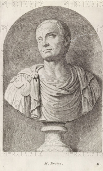 M. Brutus, Bust of Marcus Junius Brutus, print, album page, Series number, 12, Classical bust of a young man. Bottom right: M., with a series of prints after the sculptures in the collection of Gerard Reynst., number: '39', printmaker: Hubert Quellinus, Antwerp, printmaker: Gerard de Lairesse, 1646 - 1670, paper, engraving, height 320 mm x width 192 mm, Person, Marcus Junius Brutus, piece of sculpture, reproduction of a piece of sculpture, A monochrome engraved bust of a man displayed on a rounded background, showing his head turned slightly upward and to the side with short hair and a solemn expression, wearing draped clothing fastened at one shoulder with a round clasp and resting on a textured pedestal.