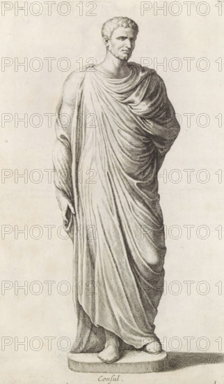 Sculpture of a consul, Consul, print, album page, Series number, 1, 98, Classical sculpture of a standing man dressed in a himation., with a series of prints after the sculptures in the collection of Gerard Reynst., inscription: 'Vide lib. No. 4 fol. 99., lib. No 20 fol. 63. 66., lib. No. 4... fol. 108 .... ad fol. 114', number: '40', printmaker: Hubert Quellinus, Antwerp, printmaker: Gerard de Lairesse, 1646 - 1670, paper, engraving, height 327 mm x width 199 mm, piece of sculpture, reproduction of a piece of sculpture, A tall carved statue of a standing male figure wearing a long flowing draped garment that covers one shoulder and wraps around the body, with finely etched folds and shading; the figure has short curly hair, a trimmed beard, and a contemplative facial expression looking slightly to the side, with one arm partially visible beneath the drapery and the other hand resting near the side, standing with feet on a round plinth casting a shadow on the surface beneath.