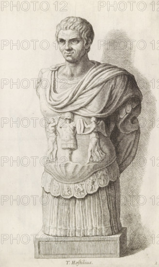 T. Hostilius, Sculpture of Tullus Hostilius, print, album page, Series number, 2, 98, Classical sculpture of a Roman soldier in armor. On his armor are the personifications of Victory with armor. The woman on the left holds a laurel wreath, the one on the right a shield with a scepter. At the bottom of the cuirass possibly depictions of the deeds of Hercules., with a series of prints after the sculptures in the collection of Gerard Reynst., number: '40', printmaker: Hubert Quellinus, Antwerp, printmaker: Gerard de Lairesse, 1646 - 1670, paper, engraving, gravure, height 325 mm x width 196 mm, piece of sculpture, reproduction of a piece of sculpture, Tullus Hostilius - portrait of person from classical history, A detailed etching of a classical bust on a rectangular plinth shows a male figure from head to mid-thigh wearing a draped cloak pinned at one shoulder and a decorated cuirass; the face has short wavy hair, defined brows, a straight nose, and a neutral expression; the cloak falls...