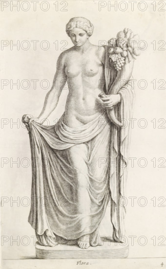 Sculpture of Flora, Flora, print, album page, Series number, 4, 98, Classical sculpture of a woman, the personification of Flora (or Fortuna). With her right hand she holds her dress. In her left hand she holds, among other things, a horn of plenty., with a series of prints after the sculptures in the collection of Gerard Reynst., number: '41', inscription: 'Vide lib. No. 10 fol. 60, 62, 86', printmaker: Hubert Quellinus, Antwerp, printmaker: Gerard de Lairesse, 1646 - 1670, paper, engraving, gravure, height 325 mm x width 201 mm, piece of sculpture, reproduction of a piece of sculpture, (story of) Flora, A monochrome drawing of a standing female figure on a low plinth, shown in a classical pose with a draped cloth around her lower body and one hand holding the edge of the cloth, while the other arm supports a large horn-shaped cornucopia filled with rounded fruits and flowers; the figure is partially nude from the waist up, with detailed cross-hatched shading defining the musculature ...