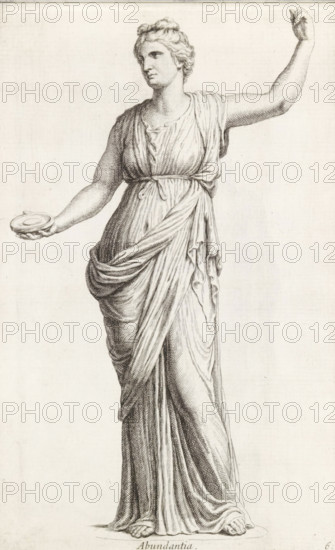 Sculpture of Abundance, Abundantia, print, album page, Series number, 6, 98, Classical sculpture of the personification of Abundance. She has her left arm in the air and in her right hand she holds a dish., with a series of prints after the sculptures in the collection of Gerard Reynst., number: '42', inscription: 'Vide lib. No 4. fol. 18, 19', printmaker: Hubert Quellinus, Antwerp, printmaker: Gerard de Lairesse, 1646 - 1670, paper, engraving, height 330 mm x width 203 mm, piece of sculpture, reproduction of a piece of sculpture, Abundance, 'Abondanza', 'Abondanza maritima' (Ripa), A grayscale engraving of a full-length classical female figure wearing a long, draped gown with detailed folds and a tied belt around the waist, standing with one arm extended outward holding a shallow dish and the other arm raised, with short wavy hair, bare feet visible at the hem of the robe, and fine line shading emphasizing the contours of the body and fabric against a plain background.
