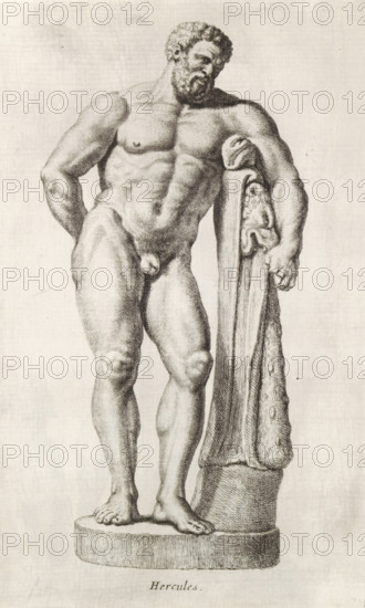 Sculpture of Hercules, Hercules, print, album page, Series number, 7, 98, Sculpture of Hercules leaning on his club and the skin of a lion., with a series of prints after the sculptures in the collection of Gerard Reynst., inscription: 'Vide lib. No. 4de fol. 10 ....', number: '43', printmaker: Hubert Quellinus, Antwerp, printmaker: Gerard de Lairesse, 1646 - 1670, paper, engraving, gravure, height 320 mm x width 198 mm, piece of sculpture, reproduction of a piece of sculpture, (story of) Hercules (Heracles), A detailed monochrome drawing of a nude male figure standing on a rounded pedestal, shown full-length with a muscular build and curly hair and beard, his head tilted slightly downward and turned to one side, one arm resting on a tall, carved column draped with a textured cloth and the other arm positioned behind his back, the figure's feet are flat on the pedestal and the surface of the pedestal and column show fine crosshatching and shading, the background is plain and light.