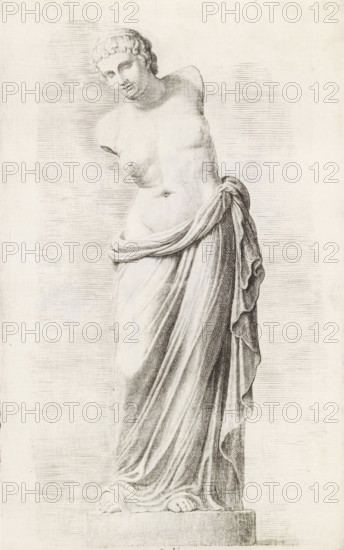 Julia, Sculpture of Julia, print, album page, Series number, 8, 98, Classical sculpture of a standing woman with a draped skirt, without arms., with a series of prints after the sculptures in the collection of Gerard Reynst., number: '43', printmaker: Hubert Quellinus, Antwerp, printmaker: Gerard de Lairesse, 1646 - 1670, paper, engraving, gravure, height 330 mm x width 201 mm, piece of sculpture, reproduction of a piece of sculpture, A detailed pencil or ink drawing of a classical female statue shown from head to feet standing on a rectangular plinth, depicted with a tilted head and short curled hair, bare torso with missing arms, a draped cloth wrapped around the hips and falling in folds to the feet, visible toes peeking from beneath the fabric, and finely hatched shading used to model the figure and background.