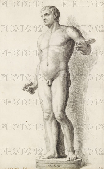 Sculpture of a gladiator, Gladiator, print, album page, Series number, 10, 98, Classical sculpture of a naked man holding the handle and scabbard of a sword in his hands., with a series of prints after the sculptures in the collection of Gerard Reynst., inscription: 'Vide lib. No. 10 fol. 53, 60 et lib. No 14 fol. 62, 63', number: '44', printmaker: Hubert Quellinus, Antwerp, printmaker: Gerard de Lairesse, 1646 - 1670, paper, engraving, gravure, height 330 mm x width 202 mm, piece of sculpture, reproduction of a piece of sculpture, A detailed ink drawing of a nude male statue standing on a circular base, shown in a three-quarter view; the figure has short curly hair and a calm facial expression, with defined chest and abdominal muscles, one arm extended holding a flat, rectangular object and the other hand holding a small curved item, the body rendered with fine cross-hatching and stippling to show form and shadow, the legs straight with visible musculature and toes resting on the base...