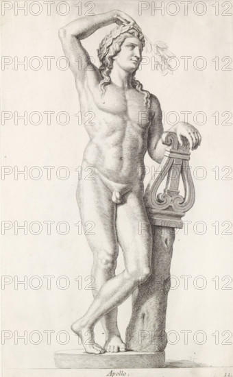 Apollo, Sculpture of Apollo, print, album page, Series number, 11, 98, Classical sculpture of Apollo leaning on his lyre. On his head a laurel wreath and in his left hand a laurel branch., with a series of prints after the sculptures in the collection of Gerard Reynst., inscription: 'Vide lib. No. 1. fol. 16, 54. Vide lib. No 4de fol. 50 ....', number: '45', printmaker: Hubert Quellinus, Antwerp, printmaker: Gerard de Lairesse, 1646 - 1670, paper, engraving, height 325 mm x width 200 mm, piece of sculpture, reproduction of a piece of sculpture, (story of) Apollo (Phoebus), A detailed grayscale drawing of a standing nude male figure with long wavy hair wearing a laurel wreath, one arm raised to touch the wreath and the other resting on a carved lyre-shaped support that is attached to a textured vertical column, the figure showing defined musculature and a relaxed contrapposto stance with crossed legs and feet on an oval plinth, the entire scene rendered with fine line shading on a plain...