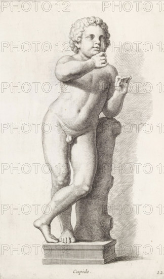Sculpture of Amor, Cupid, print, album page, Series number, 12, 98, Classical sculpture of a boy leaning on a tree stump., with a series of prints after the sculptures in the collection of Gerard Reynst., number: '45', inscription: 'Vide lib. No. 4de fol. 22 ...', printmaker: Hubert Quellinus, Antwerp, printmaker: Gerard de Lairesse, 1646 - 1670, paper, engraving, gravure, height 325 mm x width 194 mm, piece of sculpture, reproduction of a piece of sculpture, (story of) Cupid, Amor (Eros), A detailed black and white engraving of a nude childlike figure standing on a rectangular plinth, leaning with one hip against a rough vertical support. The figure has curly hair and a rounded face turned slightly to the side, with one arm raised so the hand touches the chin and the other hand extended outward with fingers slightly curled. The torso and limbs show fine crosshatching and shading to indicate musculature and form. One leg is crossed in front of the other, the feet positioned on the plin...