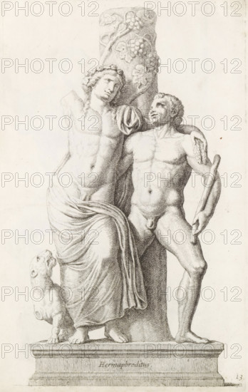 Hermaphroditus, Sculpture of Bacchus, with satyr and panther, print, album page, Series number, 13, 98, Classical sculpture of Bacchus, standing against a pillar with grapevines. Next to him stands a satyr. On the left a panther. The text on the statue incorrectly identifies the figures as Salmacis and Hermaphroditus., with a series of prints after the sculptures in the collection of Gerard Reynst., number: '46', printmaker: Hubert Quellinus, Antwerp, printmaker: Gerard de Lairesse, 1646 - 1670, paper, engraving, gravure, height 325 mm x width 204 mm, piece of sculpture, reproduction of a piece of sculpture, (story of) Bacchus (Dionysus), Liber, satyr(s) (in general), beasts of prey, predatory animals: panther, story of Hermaphroditus and Salmacis, (story of) Hermaphroditus, A detailed pencil or ink drawing of two classical nude figures leaning against a carved column entwined with vine leaves and grape clusters; the figure on the left appears more feminine with draped cloth around the...