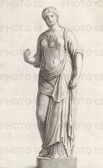Sculpture of a standing woman, print, album page, Series number, 14, 98, Classical sculpture of a standing woman in a draped dress. On her chest a child's head., with a series of prints after the sculptures in the collection of Gerard Reynst., number: '46', printmaker: Hubert Quellinus, Antwerp, printmaker: Gerard de Lairesse, 1646 - 1670, Hubert Quellinus, Gerard de Lairesse, printmaker, paper, engraving, gravure, height 330 mm x width 201 mm, piece of sculpture, reproduction of a piece of sculpture, standing figure - AA - female human figure, A monochrome engraved depiction of a full-length classical female figure standing on a round pedestal, wearing draped garments with detailed folds and a brooch at the chest, with one arm bent and hand raised holding a small rounded object and the other arm relaxed at the side with fingers slightly curled, her hair styled and pulled back, facial features rendered with soft shading, and the background left plain and unadorned.