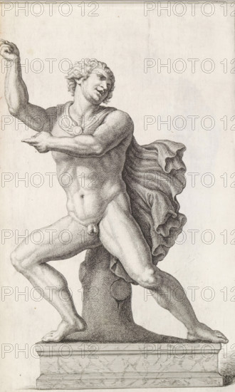 Sculpture of a naked man with a travel cloak, print, album page, Series number, 15, 98, Classical sculpture of a naked man with a chlamys, a short travel cloak., with a series of prints after the sculptures in the collection of Gerard Reynst., number: '47', printmaker: Hubert Quellinus, Antwerp, printmaker: Gerard de Lairesse, 1646 - 1670, paper, engraving, gravure, height 325 mm x width 196 mm, piece of sculpture, reproduction of a piece of sculpture, male sex, man, A detailed engraved depiction of a muscular, nude male figure posed on a stepped rectangular base, shown in three-quarter view with one arm raised and the other bent across his chest, his head turned to the side and hair rendered in curled waves; a draped cloak flows from one shoulder and billows behind him with layered folds and textured shading; the torso, limbs, and facial features are defined by fine crosshatching and stippling, and the feet rest on the base beside a short plinth or stump that supports the figure; the ...