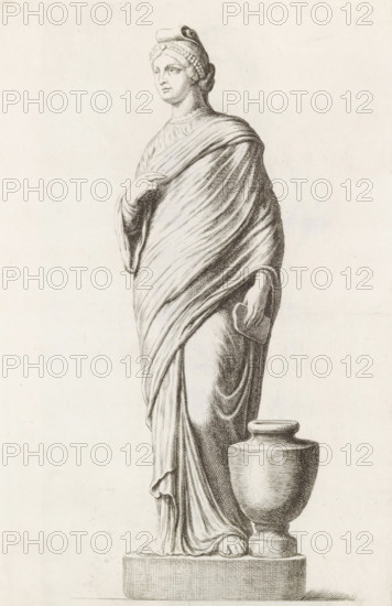 sculpture of a standing woman with water jug, print, album page, Series number, 16, 98, Classical sculpture of a standing woman in a stole. She has a piece of jewelry in her hair. Next to her stands a water jug., with a series of prints after the sculptures in the collection of Gerard Reynst., number: '47', printmaker: Hubert Quellinus, Antwerp, printmaker: Gerard de Lairesse, 1646 - 1670, paper, engraving, gravure, height 325 mm x width 201 mm, piece of sculpture, reproduction of a piece of sculpture, standing figure - AA - female human figure, A detailed line drawing of a standing draped female figure on a rectangular plinth, shown from head to toe, wearing a long, flowing garment with many folds that wraps across the chest and over one shoulder; her hair is styled with curled rows and a headpiece, and her face is turned slightly to the side with a neutral expression; one hand holds the drapery at chest level while the other hangs down holding a flat object near her hip; at her feet ...
