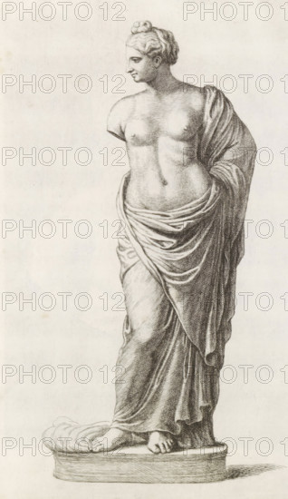Sculpture of a standing woman, print, album page, Series number, 17, 98, Classical sculpture of a standing woman with a bare upper body., with a series of prints after the sculptures in the collection of Gerard Reynst., number: '48', printmaker: Hubert Quellinus, Antwerp, printmaker: Gerard de Lairesse, 1646 - 1670, paper, engraving, gravure, height 325 mm x width 201 mm, piece of sculpture, reproduction of a piece of sculpture, standing figure - AA - female human figure, A grayscale drawing of a classical female statue shown from head to base, with hair styled in an updo and a serene profile facing left, a bare torso with visible breasts and a draped cloth wrapped around the waist and over one shoulder, detailed crosshatching and shading on the fabric and body, one leg slightly bent beneath the drapery and both feet resting on an oval pedestal, all rendered against a plain light background.
