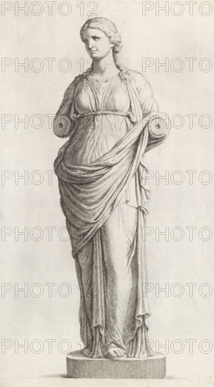 Sculpture of a woman in a tunic, print, album page, Series number, 18, 98, Classical sculpture of a standing woman. She is wearing a tunic. Both her forearms are missing., with a series of prints after the sculptures in the collection of Gerard Reynst., number: '48', printmaker: Hubert Quellinus, Antwerp, printmaker: Gerard de Lairesse, 1646 - 1670, paper, engraving, gravure, height 330 mm x width 203 mm, piece of sculpture, reproduction of a piece of sculpture, standing figure - AA - female human figure, A monochrome drawing of a full-length female statue on a round plinth, shown frontally and occupying the center of the image, with a calm facial expression and braided hair pulled back; the figure wears a draped garment with detailed folds and a sash tied under the bust, one arm partially covered by the drapery and ending in a rounded stump, the other arm similarly ending in a circular stump while a large swath of fabric is held across the front; the robe falls to the feet which rest ...