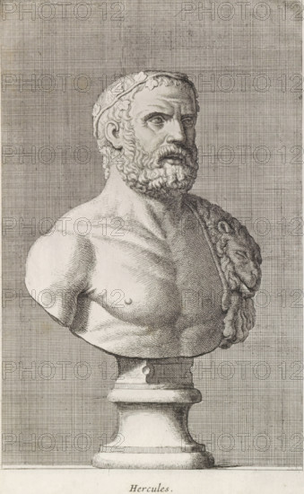 Hercules, Bust of Hercules, print, album page, Series number, 19, 98, Classical bust of Hercules. The skin of a lion hangs over his shoulder., with a series of prints after the sculptures in the collection of Gerard Reynst., number: '49', inscription: 'Vide lib. No. 4de fol. 10 ...', printmaker: Hubert Quellinus, Antwerp, printmaker: Gerard de Lairesse, 1646 - 1670, paper, engraving, gravure, height 330 mm x width 196 mm, piece of sculpture, reproduction of a piece of sculpture, (story of) Hercules (Heracles), A detailed black and white engraving of a classical male bust mounted on a pedestal, shown from the upper torso to the head, with a bearded face turned slightly to the viewer's right and a wreath encircling the hair; the figure has defined chest and shoulder musculature, a draped hide over one shoulder with textured fur, and a stylized neck and clavicle area; the pedestal beneath is rendered with rounded moldings and a columnar form; the background consists of a closely hatched g...