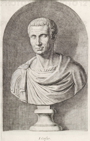 Bust of Julius Caesar, J. Caesar, print, album page, Series number, 20, 98, Classical bust of a man., with a series of prints after the sculptures in the collection of Gerard Reynst., inscription: 'Vide lib. No. 4th fol. 96.lib. No. 10 fol. 55, 63, 77...', number: '49', printmaker: Hubert Quellinus, Antwerp, printmaker: Gerard de Lairesse, 1646 - 1670, paper, engraving, height 325 mm x width 195 mm, Person, Julius Caesar, piece of sculpture, reproduction of a piece of sculpture, A monochrome drawing of a classical marble bust displayed on a pedestal, showing a male figure from the chest up with short, wavy hair and a composed facial expression; the eyes are blank and unshaded, the nose is straight, and the lips are closed. The figure wears draped garments fastened at one shoulder with a circular clasp, and the fabric shows detailed folds and texture. The bust sits against a textured oval background created with fine crosshatching, and the pedestal beneath has a rounded base and square ...