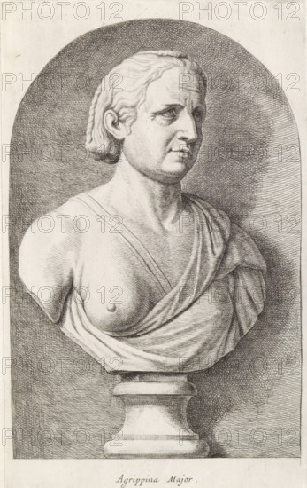 Bust of Agrippina the Elder, Agrippina Major, print, album page, Series number, 21, 98, Classical bust of a woman with an exposed breast., with a series of prints after the sculptures in the collection of Gerard Reynst., number: '50', printmaker: Hubert Quellinus, Antwerp, printmaker: Gerard de Lairesse, 1646 - 1670, paper, engraving, gravure, height 325 mm x width 195 mm, Person, Agrippina the Elder, piece of sculpture, reproduction of a piece of sculpture, A finely detailed black and white engraving of a classical bust set within a rounded niche, showing a torso and head angled slightly to the viewer's right with short wavy hair pulled back and a composed facial expression, draped cloth across the shoulders and chest revealing one breast, the figure mounted on a column-like pedestal with carved molding, and the background filled with closely hatched lines creating tonal shading.
