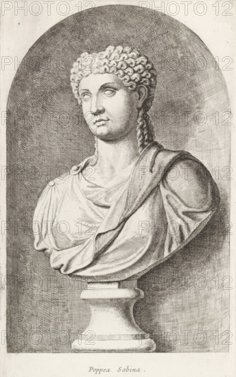 Poppea Sabina, Bust of Poppaea Sabina, print, album page, Series number, 22, 98, Classical bust of a woman with curly hair. She wears a tunic and stole., with a series of prints after the sculptures in the collection of Gerard Reynst., number: '50', printmaker: Hubert Quellinus, Antwerp, printmaker: Gerard de Lairesse, 1646 - 1670, paper, engraving, gravure, height 325 mm x width 195 mm, Person, Poppaea Sabina, piece of sculpture, reproduction of a piece of sculpture, A detailed black and white engraving of a classical marble bust set against a shaded oval background, showing a head and shoulders on a pedestal. The figure has curly hair styled in tight waves and a long braided section falling over one shoulder, blank eyes, and a calm expression with slightly parted lips. Draped clothing with folds and a cloak fastened at one shoulder covers the torso, and the bust rests on a rounded pedestal with a flared base. Fine cross-hatching and line work create shading and texture throughout the...