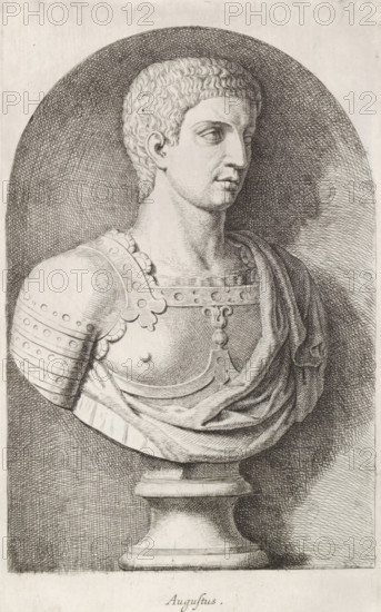 Augustus, Bust of Emperor Augustus, print, album page, Series number, 23, 98, Classical bust of a man in armor., with a series of prints after the sculptures in the collection of Gerard Reynst., inscription: 'Vide lib. No. 4de fol. 97. lib. No. 10 fol. 56 lib No. 19 fol. 2', number: '51', printmaker: Hubert Quellinus, Antwerp, printmaker: Gerard de Lairesse, 1646 - 1670, paper, engraving, gravure, height 325 mm x width 195 mm, Person, piece of sculpture, reproduction of a piece of sculpture, A monochrome engraving of a classical bust depicting a young man in profile with short, wavy hair and a calm expression, shown from the chest upward on a pedestal. He wears ornamental armor with a decorated shoulder piece and a strap crossing the chest, and a draped cloth over one shoulder. The background is filled with crosshatched shading forming an arch around the figure, and the pedestal base beneath the bust is visible at the bottom.