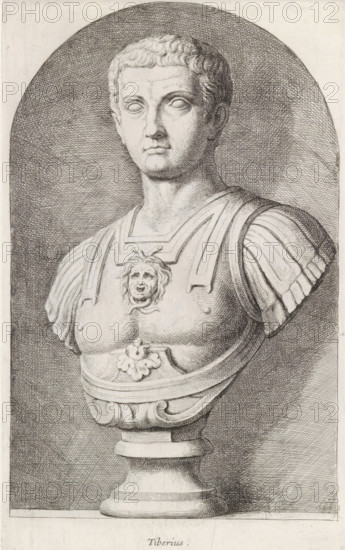 Tiberius, Bust of Emperor Tiberius, print, album page, Series number, 24, 98, Classical bust of a man with breastplate. On his cuirass the head of Medusa., with a series of prints after the sculptures in the collection of Gerard Reynst., number: '51', inscription: 'Vide lib. No. 19. fol. 3', printmaker: Hubert Quellinus, Antwerp, printmaker: Gerard de Lairesse, 1646 - 1670, paper, engraving, gravure, height 325 mm x width 193 mm, Person, piece of sculpture, reproduction of a piece of sculpture, A detailed pencil or ink drawing of a classical bust on a pedestal depicting a male figure with short curly hair and a neutral facial expression, shown from the chest upward against a shaded oval background; the figure wears ornate armor with a decorative face motif on the chest plate and layered shoulder guards, and the pedestal beneath the bust has carved ornamentation and rounded tiers.