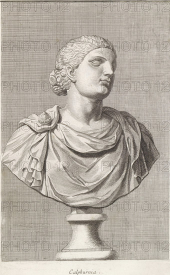 Bust of Calpurnia Pisonis, Calphurnia, print, album page, Series number, 25, 98, Classical bust of a woman., with a series of prints after the sculptures in the collection of Gerard Reynst., number: '52', printmaker: Hubert Quellinus, Antwerp, printmaker: Gerard de Lairesse, 1646 - 1670, paper, engraving, gravure, height 327 mm x width 197 mm, Person, Calpurnia Pisonis, piece of sculpture, reproduction of a piece of sculpture, A monochrome engraved bust of a classical figure shown from the shoulders up on a pedestal, with wavy hair pulled back into a bun, smooth facial features and a slightly turned head, draped clothing with detailed folds gathered at one shoulder by a decorative circular clasp, textured crosshatched background, and a carved pedestal base visible below the bust.