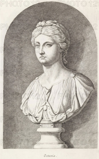 Octavia, Bust of Octavia, print, album page, Series number, 26, 98, Classical bust of a woman. She wears part of her hair in a braid around her head., with a series of prints after the sculptures in the collection of Gerard Reynst., number: '52', printmaker: Hubert Quellinus, Antwerp, printmaker: Gerard de Lairesse, 1646 - 1670, paper, engraving, gravure, height 325 mm x width 193 mm, piece of sculpture, reproduction of a piece of sculpture, A detailed black and white engraved bust of a woman mounted on a pedestal, shown from the shoulders up against a shaded arched background; she has wavy hair pulled back and styled in a knot at the crown, a calm neutral expression with eyes looking slightly to the side, and smooth classical facial features; her garment drapes across her shoulders and chest with rounded clasps at the shoulders and gathered folds tied at the front, and the pedestal below has a rounded stepped base and rectangular plinth.