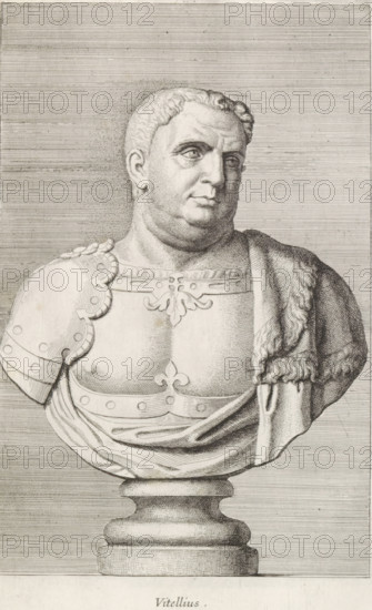 Vitellius, Bust of Emperor Vitellius, print, album page, Series number, 27, 98, Classical bust of a man with a double chin, wearing armor. A cloak lies over his shoulder., with a series of prints after the sculptures in the collection of Gerard Reynst., number: '53', printmaker: Hubert Quellinus, Antwerp, printmaker: Gerard de Lairesse, 1646 - 1670, paper, engraving, height 325 mm x width 195 mm, Person, piece of sculpture, reproduction of a piece of sculpture, A detailed pencil or ink drawing of a classical bust on a pedestal showing a man from the chest up facing slightly to the viewer's right; he has short curly hair, a rounded face, prominent jaw and neck, and a neutral expression with eyes looking outward. The figure wears ornate armor with decorative motifs across the chest and a shoulder guard on the left side, and a draped cloth with a textured fur or heavy fabric hanging over the right shoulder. The pedestal beneath the bust is rounded and carved, and the background consists o...