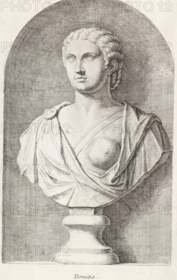 Bust of Domitia, Domitia, print, album page, Series number, 28, 98, Classical bust of a woman with an exposed breast., with a series of prints after the sculptures in the collection of Gerard Reynst., number: '53', printmaker: Hubert Quellinus, Antwerp, printmaker: Gerard de Lairesse, 1646 - 1670, paper, engraving, gravure, height 325 mm x width 195 mm, piece of sculpture, reproduction of a piece of sculpture, A detailed monochrome engraving of a classical bust set within an arched niche, showing a female figure from the chest up with wavy hair pulled back, a serene face with blank eyes, and draped clothing fastened at one shoulder, the exposed chest and folds of fabric rendered with fine crosshatching, the bust resting on a rounded pedestal with shaded background lines filling the niche.
