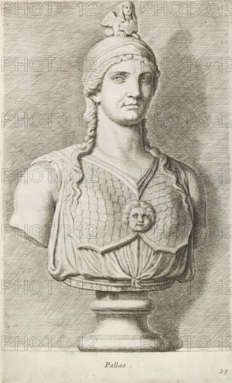 Pallas, Bust of Minerva, print, album page, Series number, 29, 98, Classical bust of Minerva with a sphinx on her helmet., with a series of prints after the sculptures in the collection of Gerard Reynst., inscription: 'Vide lib. No. 4de fol. 2 ...', number: '54', printmaker: Hubert Quellinus, Antwerp, printmaker: Gerard de Lairesse, 1646 - 1670, paper, engraving, gravure, height 325 mm x width 196 mm, piece of sculpture, reproduction of a piece of sculpture, (story of) Minerva (Pallas, Athena), A detailed engraved bust of a woman wearing a helmet topped with a small sphinx-like figure, with long wavy hair falling in braids over her shoulders, a calm facial expression, and a textured breastplate featuring a central round face ornament; the bust rests on a fluted pedestal and is set against a finely crosshatched background.