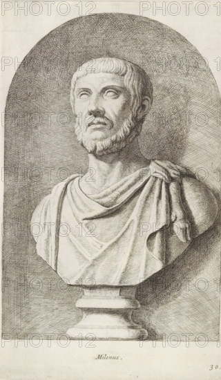 Bust of Milenus, Milenus, print, album page, Series number, 30, 98, Classical bust of a bearded man in a toga., with a series of prints after the sculptures in the collection of Gerard Reynst., number: '54', printmaker: Hubert Quellinus, Antwerp, printmaker: Gerard de Lairesse, 1646 - 1670, paper, engraving, height 325 mm x width 195 mm, piece of sculpture, reproduction of a piece of sculpture, male persons from classical history, A detailed black and white engraving of a classical bust set against a shaded oval niche, showing a bearded male figure with short hair and a solemn expression, eyes carved as blank hollows, a mustache and closely cropped beard, and draped clothing over one shoulder with folds and a knotted section; the bust rests on a stepped pedestal base and the background features cross-hatched shading.