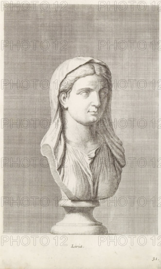 Bust of Livia, Livia, print, album page, Series number, 31, 98, Classical bust of a woman, turned to the right. She wears a veil., with a series of prints after the sculptures in the collection of Gerard Reynst., number: '55', printmaker: Hubert Quellinus, Antwerp, printmaker: Gerard de Lairesse, 1646 - 1670, paper, engraving, gravure, height 325 mm x width 201 mm, piece of sculpture, reproduction of a piece of sculpture, female persons from classical history, A monochrome engraved image of a classical bust on a rounded pedestal showing a draped female figure wearing a veil over her head and shoulders, with detailed carved hair visible at the forehead and temples, a composed facial expression with softly modeled cheeks and a slightly turned gaze, finely incised folds of drapery over the chest and shoulders, and a densely crosshatched rectangular background behind the figure.