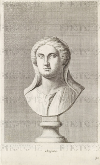 Bust of Cleopatra, Cleopatra, print, album page, Series number, 32, 98, Classical bust of a woman, turned to the left. She wears a veil., with a series of prints after the sculptures in the collection of Gerard Reynst., inscription: 'Vide lib. N.4 fol. 21', number: '55', printmaker: Hubert Quellinus, Antwerp, printmaker: Gerard de Lairesse, 1646 - 1670, paper, engraving, gravure, height 325 mm x width 198 mm, Person, Cleopatra VII (Queen of Egypt), piece of sculpture, reproduction of a piece of sculpture, female persons from classical history, A detailed monochrome engraving of a sculpted female bust displayed on a pedestal, showing a head with wavy hair partially covered by a draped veil, almond-shaped eyes with blank gaze, a straight nose, and full lips, the neck and upper torso clothed in softly folded drapery, all rendered with fine crosshatching and tonal shading against a densely hatched rectangular background that fills most of the page.