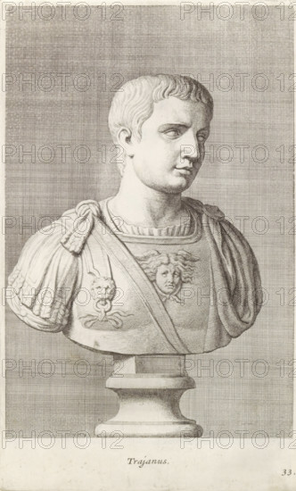 Bust of Emperor Trajan, Trajan, print, album page, Series number, 33, 98, Classical bust of a young man with breastplate. On the cuirass is a lion's head and the head of Medusa., with a series of prints after the sculptures in the collection of Gerard Reynst., inscription: 'Vide lib. No. 19 fol. 14', number: '56', printmaker: Hubert Quellinus, Antwerp, printmaker: Gerard de Lairesse, 1646 - 1670, Hubert Quellinus, Gerard de Lairesse, printmaker, paper, engraving, gravure, height 327 mm x width 200 mm, Person, Trajan (Emperor of the Roman Empire), piece of sculpture, reproduction of a piece of sculpture, A monochrome engraved bust of a man shown from the chest up on a pedestal, facing slightly to the viewer’s right, with short wavy hair and a composed facial expression; he wears a decorated military cuirass with a sculpted face motif on the chest and draped fabric over one shoulder, shoulder straps with gathered detailing, and a round base beneath the bust, all set against a finely cros...