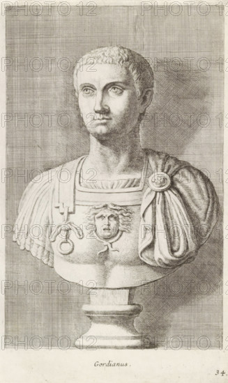 Bust of Emperor Gordianus III, Gordianus, print, album page, Series number, 34, 98, Classical bust of a man. He wears a breastplate with the head of Medusa., with a series of prints after the sculptures in the collection of Gerard Reynst., number: '56', printmaker: Hubert Quellinus, Antwerp, printmaker: Gerard de Lairesse, 1646 - 1670, paper, engraving, height 325 mm x width 194 mm, Person, Gordianus III (Emperor of the Roman Empire), piece of sculpture, reproduction of a piece of sculpture, A monochrome engraved bust of a young man on a pedestal, shown from the chest upward, with short cropped hair and a calm facial expression looking slightly to one side. He wears classical armor with ornamental details including a central emblem depicting a face with flowing hair and decorative straps and rings on the shoulders. A draped cloak is fastened at one shoulder with a round brooch and falls in folds over the armor. The background consists of closely spaced crosshatched lines creating tonal...