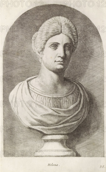 Bust of Helena, Helena, print, album page, Series number, 35, 98, Classical sculpture of a woman, turned to the right., with a series of prints after the sculptures in the collection of Gerard Reynst., number: '57', printmaker: Hubert Quellinus, Antwerp, printmaker: Gerard de Lairesse, 1646 - 1670, paper, engraving, gravure, height 325 mm x width 194 mm, piece of sculpture, reproduction of a piece of sculpture, female persons from classical history, A monochrome engraved bust of a woman displayed on a classical pedestal, showing her from the shoulders upward with a calm, forward-facing expression and hair styled away from the face and pulled back; she wears a draped garment with visible folds and a rounded neckline, and the background features a hatched oval area contrasting with the lighter outer margins.