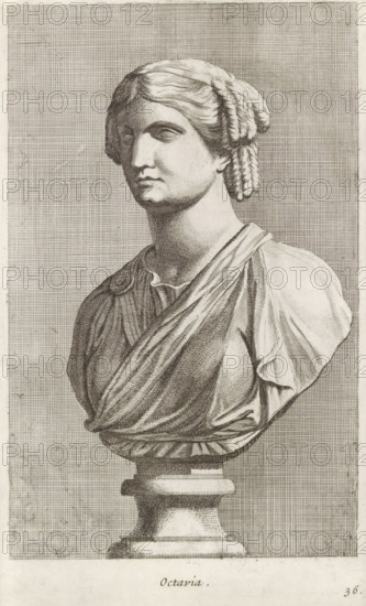 Bust of Octavia, Octavia, print, album page, Series number, 36, 98, Classical bust of a young woman. The hair in ringlets., with a series of prints after the sculptures in the collection of Gerard Reynst., number: '57', printmaker: Hubert Quellinus, Antwerp, printmaker: Gerard de Lairesse, 1646 - 1670, paper, engraving, gravure, height 325 mm x width 193 mm, piece of sculpture, reproduction of a piece of sculpture, female persons from classical history, A monochrome engraving of a classical female bust on a pedestal, depicted from the chest upward with a three-quarter view of the face turned slightly to the left, showing stylized wavy hair arranged in coils at the back and sides, a serene facial expression with softly modelled features, and draped clothing with detailed folds across the shoulders and chest, all set against a crosshatched background.