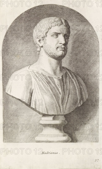 Octavia, Bust of Emperor Hadrian, print, album page, Series number, 37, 98, Classical bust of a bearded man in a shirt., with a series of prints after the sculptures in the collection of Gerard Reynst., number: '58', printmaker: Hubert Quellinus, Antwerp, printmaker: Gerard de Lairesse, 1646 - 1670, paper, engraving, gravure, height 325 mm x width 193 mm, Person, Hadrian (Emperor of the Roman Empire), piece of sculpture, reproduction of a piece of sculpture, male persons from classical history, A detailed engraved bust of a man shown from the shoulders up on a pedestal, facing slightly to viewer's right, with short wavy hair and a trimmed beard, wearing a draped garment with visible folds, set against an oval shaded background; the pedestal beneath the bust has a rounded base and stepped molding, and the overall image is rendered in fine crosshatched lines.