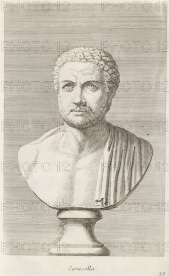 Caracalla, Bust of Emperor Caracalla, print, album page, Series number, 38, 98, Classical bust of a bearded man with a partially bare torso., with a series of prints after the sculptures in the collection of Gerard Reynst., number: '58', printmaker: Hubert Quellinus, Antwerp, printmaker: Gerard de Lairesse, 1646 - 1670, paper, engraving, gravure, height 325 mm x width 204 mm, Person, piece of sculpture, reproduction of a piece of sculpture, male persons from classical history, A detailed engraved bust of a man shown from the chest upward rests on a rounded pedestal, depicting a face with short curly hair, a trimmed beard, and pronounced facial features with forward-looking eyes and a neutral mouth; one shoulder is bare while a draped garment covers the other, and fine parallel lines create shading across the background and on the figure.